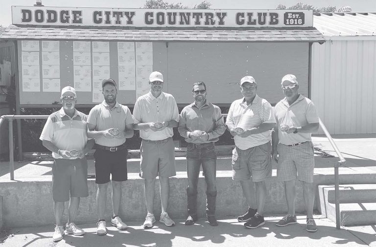 Jim Abel, Scott Abel, Chris Robinson, Ryan Deutsch, Bill Crane and Jerald Kemmerer at the Country Classic golf tournament at the Dodge City Country Club Aug. 5. [COURTESY PHOTO Brian Bertelsen/Roundup Rodeo]
